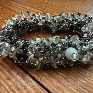 Elegant Handwoven Beaded Bracelet with Black and Silver Accents